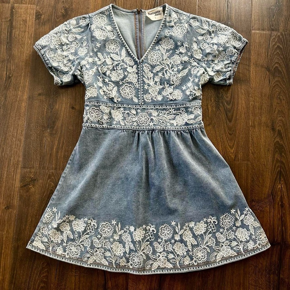 Denim fit & flare embroidered dress! NWOT